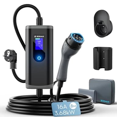 bokman colonnina ricarica auto elettrica [3,68kW| 8m] Corrente regolabile 6-16A Wallbox Tipo 2 con Schuko, compatibile con E-208, Zoe, Spring, 500e, modello 3&Y e altri BEV