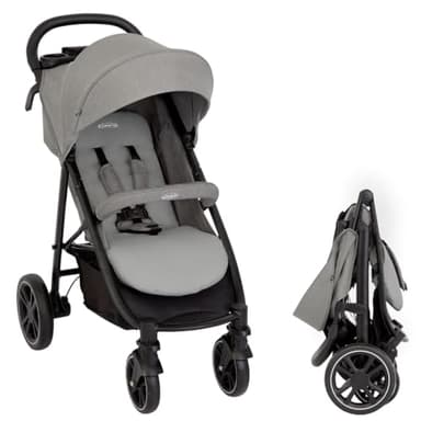 Graco Passeggino Leggero EezeFold DLX | Passeggino da Viaggio Leggero con Meccanismo di chiusura a una mMno, sospensioni a 4 ruote, posizione reclinabile piatta e ampio cestello – Grigio Lunare