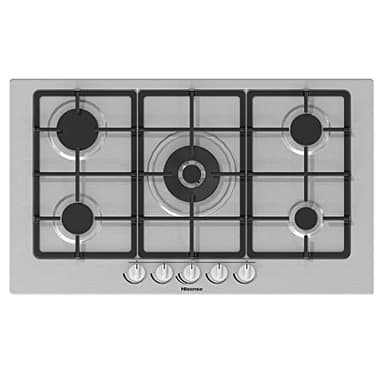 Hisense GM973XF Piano Cottura a Gas, 5 Zone di Cottura, Larghezza 90 cm, Griglie in Ghisa, Accensione Integrata, Inox Anti Impronta, Bruciatore Wok 86x51x9cm