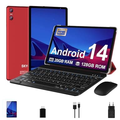 SKYEGG Tablet 10 Pollici Android 14, 20 GB RAM + 128 GB ROM(Espandibile Fino a 1 TB), Octa-Core, 5G Wi-Fi 6, 8MP + 5MP, 6000mAh, Widevine L1, USB-C Tablet con Tastiera + Mouse + Custodia, Rosso
