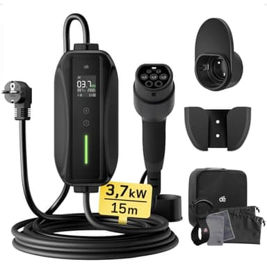 dé Cavo Ricarica Auto Elettrica Tipo 2 Schuko 15m [3,7kW| 6-16A] Colonnina Ricarica Auto Elettrica, Wallbox Portatile con LCD Digitale e Supporto Compatibile con Model 3/Y, Seal U e Altri EV/PHEV