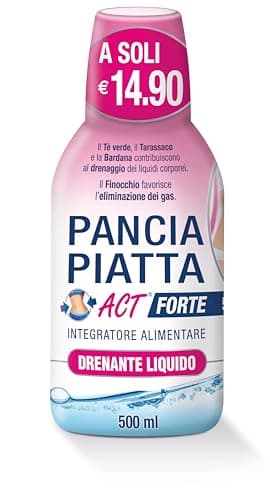 Pancia Piatta Act Forte, Integratore Alimentare Drenante Liquido per il Drenaggio dei Liquidi Corporei e l’Eliminazione dei Gas, a Base di Tè Verde, Tarassaco, Bardana e Finocchio, Flacone da 500 ml