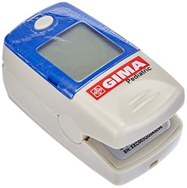 GIMA SATURIMETRO Oxy-5 Pediatrico, Pulsoximetro da Dito, Diametro 8-16 mm, Portatile, Rileva Saturazione, Battito e Perfusione, 2 pile AAA Incluse, Allarmi Visivi e Acustici, Display LCD