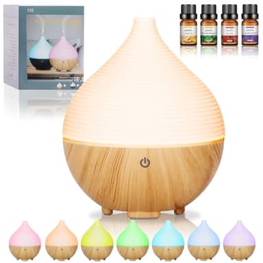 BUOAZR Diffusore di Oli Essenziali, 160ml Diffusore di aromi, Spegnimento Automatico Senza Acqua e 7 Colori LED con 4x10ml Oli Essenziali Diffusori, Ultrasuoni Umidificatore per Casa, Ufficio, Spa