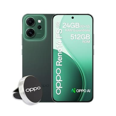 OPPO Reno14 FS 5G AI Smartphone, Tripla fotocamera 50+8+2MP, Selfie 32MP, Display 6.57” 120HZ AMOLED FHD+, 6000mAh, RAM 12GB(Esp4GB/8GB/12GB)+ROM 512GB, Supporto Auto [Versione Italia], Luminous Green
