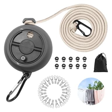 Vlecexs 10m Stendibiancheria Estensibile con 10 Fibbie Fisse e 20 Mollette Antivento, Corda da Bucato Esterno Portatile per Trapunta Lenzuolo, Filo Retrattile per Giardino Balcone Viaggio Campeggio