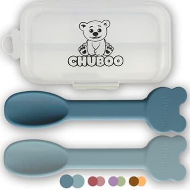 CHUBOO | Set Pappa Svezzamento Neonati | Bavaglino Silicone | Piatto con Ventosa per Bambini | Ciotola Svezzamento | Tazza |2x Cucchiaino Silicone Neonato (Blu e Azzuro, Set Cucchiaini)