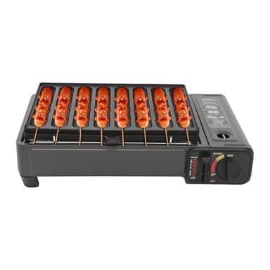 Barbecue a gas portatile da tavolo, set per 8 salsicce, fornello butano con vassoio raccogli grasso rimovibile e valigetta per barbecue, picnic, camper (nero)