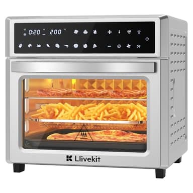 LLIVEKIT 26 L Forno Friggitrice ad Aria XXL con Display a LED, 12 in 1 Funzione Mini Forno senza Olio con Girarrosto, Friggitrice in Acciaio Inox, 1700W, 7 Accessori, Argento