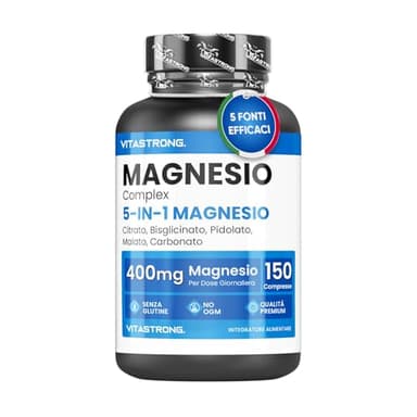 MAGNESIO COMPLETO 400mg - 5 in 1 Magnesio - Magnesio Bisglicinato + Magnesio Citrato + Magnesio Pidolato + Malato e Carbonato – Integratore Magnesio Antistress