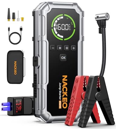 NACKEO Avviatore Batteria Auto con Compressore 160 PSI, 8000A Avviatore Emergenza per Auto/Moto per (Tutti Gas 12L Diesel), 12V Booster Avviamento Auto 600 lumen LED/Ricarica USB-C, Ampio display LCD