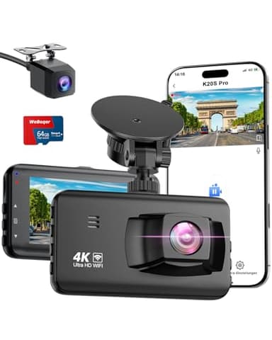 Dash Cam Auto 4K UHD+1080P,Doppia Dashcam Auto con WiFi,Telecamera Auto Schermo da 3 pollici, 170° Grandangolo con Scheda SD 64G,G-Sensor,24H Monitor di Parcheggio,Visione Notturna,Max 256G