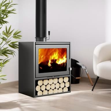 Stufa a legna in ghisa con mattoni in argilla refrattaria, 10KW Camino Forno a combustione lenta Stufa da officina, Facile da usare, Camino in legno con finestra di visualizzazione Camino in legno