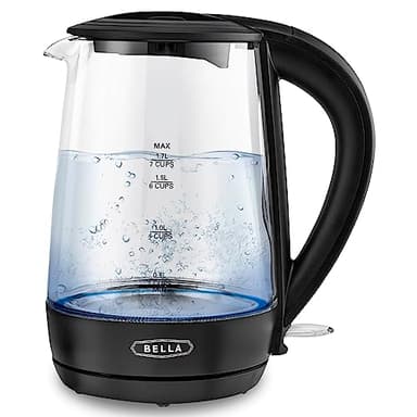 BELLA Bollitore elettrico, capacità 1,7 l - Teiera portatile senza fili in vetro trasparente con LED che cambia colore, con spegnimento automatico e protezione contro l'ebollizione, nero