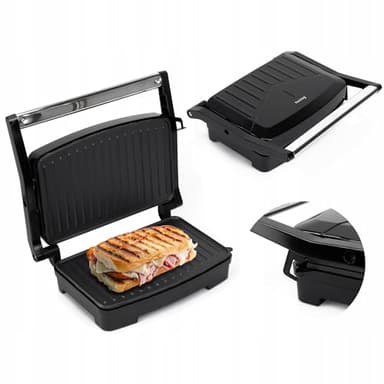 Huslog Piastra Grill 1000W per Panini e Sandwich, Piastre Antiaderenti, Impugnatura Cool Touch, Spia di Controllo, Design Compatto, Piedini Antiscivolo, Acciaio Inox, 28x22,5x8,8 cm, Nero