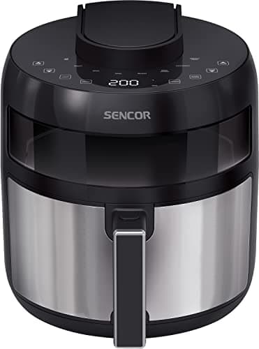 Sencor Friggitrice ad Aria Air Fryer, Capacità di 5L, 1500W, Sistema di Friggere senza Olio, Tecnologia di Circolazione d'Aria Veloce, Display a LED, Controllo Tattile, 8 Programmi Preimpostati, Nero