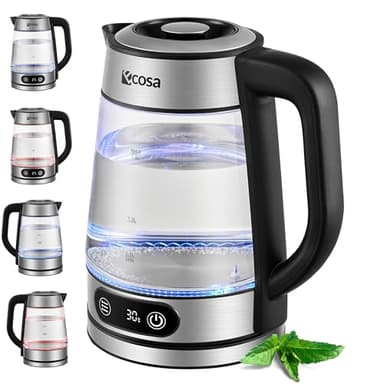 Ecosa Bollitore in vetro con regolazione della temperatura, 1,8 l, 2200 W, in acciaio inox, con scelta della temperatura, 100% senza BPA, funzione di mantenimento al caldo, illuminazione a LED