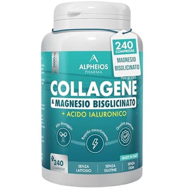 Collagene e Acido Ialuronico + Magnesio Bisglicinato – 240 Compresse, 3000 mg Collagene Idrolizzato con Vitamina C e Coenzima Q10 | Integratore Articolazioni, Ossa, Pelle ed Energia