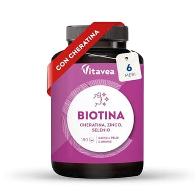 Biotina con Cheratina Integratore per Capelli - Vitamine per Unghie, Capelli e Pelle - Con Selenio e Zinco - Crescita capelli - Anticaduta Donna - 180 Compresse - Trattamento Completo 6 Mesi - Vitavea