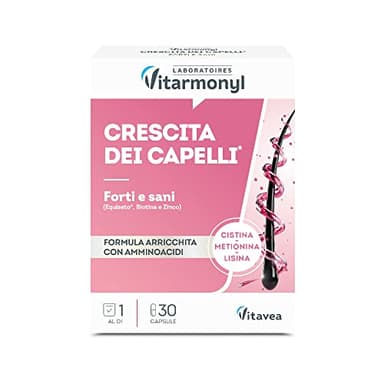 Crescita dei Capelli - Integratore con Aminoacidi, Biotina, Zinco ed Equiseto - Crescita Capelli Forti e Sani - Lunghezze più Sane - 30 Capsule - Vitarmonyl