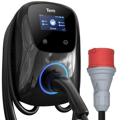 Tera EV Caricabatterie con Smart App 32A Tipo 2 11KW o 22kW 400V CE e TUV Wallbox Cavo di Ricarica 7 Metri Staffa Caricabatterie Controllo Applicazione&Spina trifase CEE - Nero W01