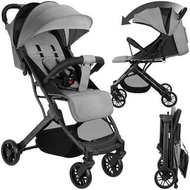 tectake® Passeggino Pieghevole, Passeggino Leggero con Cintura a 5 Punti Regolabile, Freno a Pedale, Tettuccio Pieghevole con Finestra, Protezione Raggi UV, Passeggino Bambini da 0 a 3 Anni - Grigio