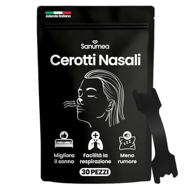 Sanumea © Cerotti Nasali Anti Russamento Uomo e Donna. 30 Cerotti Nasali Antirussamento di Alta Qualità. Cerotti Nasali Sport Respira Bene, Dimensioni Universali. Facili da Applicare, Marca Italiana.