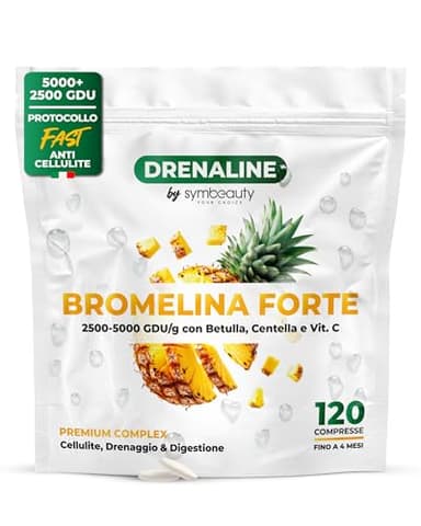 Bromelina Forte Drenante 2500+5000 GDU (120cpr - Fino a 4 mesi) + PROTOCOLLO | Integratore Bromelina, Centella, Betulla e Vitamina C | Cellulite, Drenaggio e Digestione - Vegano