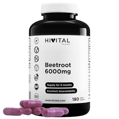 Barbabietola 6000 mg. 180 capsule vegane per 6 mesi di trattamento. Estratto Naturale di Beetroot. Potenziatore dell'Ossido Nitrico. Prodotto in Europa da HIVITAL