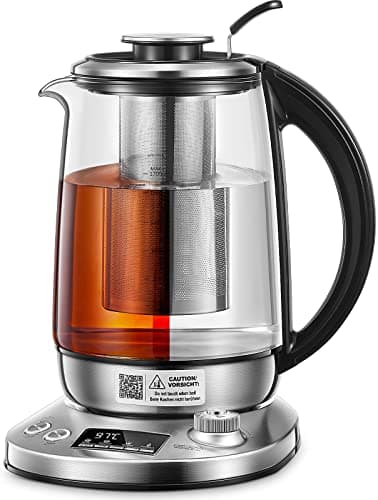 Bollitore Elettrico, 9 Preset di Controllo Della Temperatura Bollitore in Vetro, Teiera da 2200W, 2 ore di Mantenimento in Caldo, 1.7L Bollitore Acquacon Infusore Rimovibile, Display LCD(Argento)