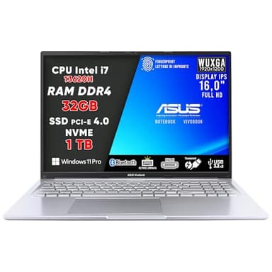 ASUS VivoBook Pc Portatile, Notebook i7 13620H, RAM DDR4 32Gb, SSD 1Tb PCI-e 4.0, DISPLAY IPS WUXGA 16,0" FULL HD, Computer Portatile Laptop con Tastiera Retroilluminata, Fingerprint, Win 11 Pro, 16"