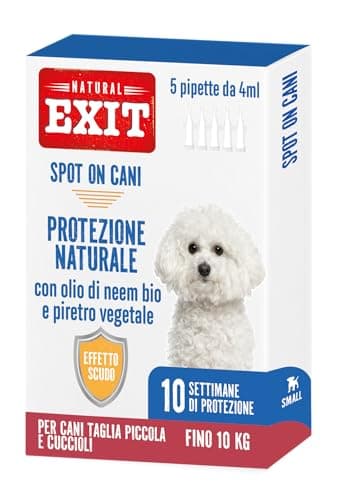 Natural Exit - Spot On Antiparassitario Naturale Per Cani, 5 Pipette Richiudibili Lunga Durata, Protegge Da Pulci, Zecche, Pappataci, Flebotomi e Zanzare (Fino a 10 Kg - Taglia Piccola e Cuccioli)