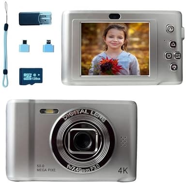 Macchina Fotografica Digitale con 128GB, 1080P 50MP Fotocamera Compatta con Zoom Digitale 8X Flash, Fotocamere Digitali Per Bambini Adolescenti Adulto Principianti