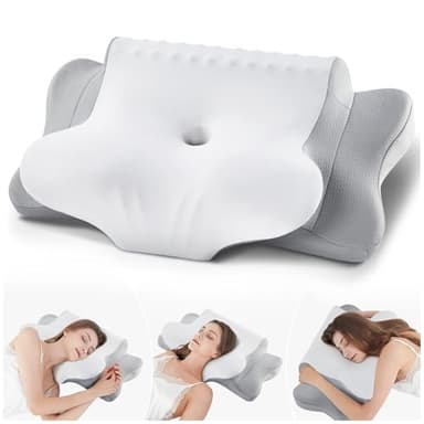 FAIORD Cuscino Cervicale, Cuscino Ergonomico Adatto per chi Dorme su un fianco sulla schiena e a pancia in giù, Cuscino Memory Foam con Federa, 64x39x10/13 cm (Grigio Bianco)