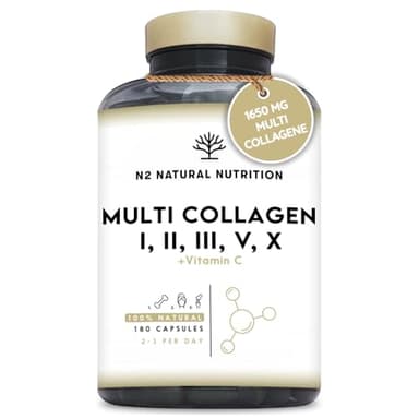 MULTI COLLAGENE Idrolizzato 1650mg. Peptidi di Collagene Marino e Bovino Tipo 1, 2, 3, 5, 10. Collagene Integratore per Articulazioni, Pelle e Ossa + Vitamina C. 180 Capsule. N2 Natural Nutrition