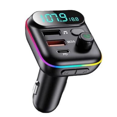 Trasmettitore FM Bluetooth Auto 5.0, Adattatore Bluetooth Audio QC3.0 Ricarica Rapida 2USB y 1PD 18W per Chiamate Vivavoce e Musica, Accendisigari con LED Display, Supporta USB e TF