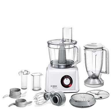 Bosch Robot da Cucina Compatto MC812W501, Oltre 45 Funzioni, 1000 W, Velocità Regolabile, Ciotola XXL da 3.9L, Frullatore da 1.5 L Incluso, Tanti Accessori per Tagliare, Montare e Tritare, Bianco