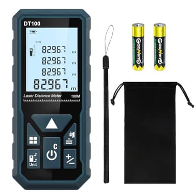 Metro Laser 100m, DT100 Telemetro Laser Distanziometro Laser Impugnatura Portatile Strumento di Misura Digitale Rilevatore di Portata Display LCD a 4 Righe Retroilluminato Grande IP54 Antiurto
