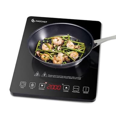 Piastra a Induzione Singolo AMZCHEF, da 2000 W con design sottile, 20 livelli di potenza, temperatura, controllo sensore tattile, timer, nero