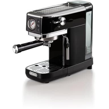 Ariete Espresso Slim Metal 1381, macchina da caffè con manometro, compatibile con caffè in polvere e cialde ES, max 15 bar, filtro da 1 o 2 tazze, ugello cappuccino, 1300 W, nero