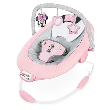 Bright Starts, Minnie Mouse Seggiolino Comodo Vibrante per Neonati - Musica, Barra Giocattoli Rimovibile, 0-6 Mesi Fino a 9 kg (Rosy Skies)