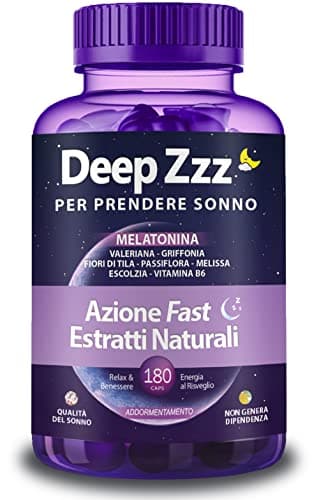 Melatonina per dormire DEEP ZZZ, Valeriana, Griffonia, Passiflora, Melissa. Sonnifero naturale potente. Aumenta la produzione di melatonina in modo naturale. 180 capsule per 6 mesi.