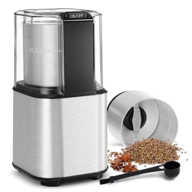 QEXREED Macina Caffe' Elettrico 150W, Macinacaffè Elettrico con Contenitori Rimovibili in acciaio inossidabile, 60g Capacità, per Chicchi di Caffè, Spezie, Cereali, Pepe, Noci