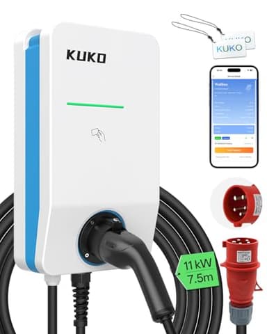 KUKO Wallbox - Caricatore EV, tipo 2, 11 kW, per casa con app (WLAN/Bluetooth), OCPP 1.6J, RFID e contatore di energia, 16 A/400 V, ricarica rapida a 3 fasi per BEV/PHEV 7,5 m, certificazione TÜV e CE