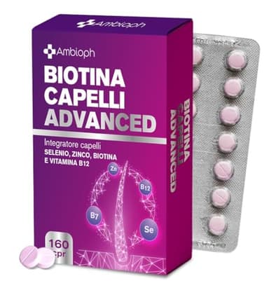 Biotina Capelli ADVANCED - Integratori per Capelli con Zinco, Selenio e Vitamina B12 – Formula rinforzante e di Crescita capelli, unghie e pelle – 160 cpr, Vitamine per capellì. BIOTINA - Ambioph