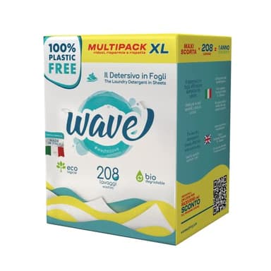 Wave Washing Classic - Il Detersivo in Fogli - 100% PLASTIC FREE - Multipack XL - 208 Lavaggi - Made in Italy - Ecologico - Biodegradabile - Compostabile