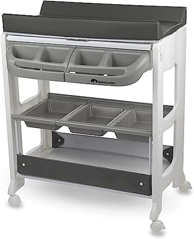 Bebeconfort Dolphy Fasciatoio con Vaschetta Bagnetto Neonato 2 in 1, 0-12 Mesi (max 11kg), Fasciatoio con Ruote, Cassettiera, Materassino Imbottito Cambio Pannolini, Pratico Tubo di Scarico, Grey Mist
