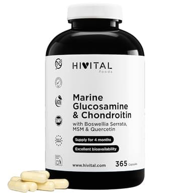 Glucosamina con Condroitina. 365 capsule per 4 mesi di trattamento. Con 1500 mg di Glucosamina Marina 2KCL, Condroitina Marina, MSM, Boswellia Serrata e Quercetina. Prodotto in Europa da HIVITAL