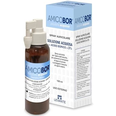 Amicobor Acquoso Spray Orecchie Pulizia 100ml Soluzione Acquosa Spray Auricolare per Pulizia Orecchie con Acido Borico 3% e Glicerina Sciogli Cerume per la Corretta Igiene del Condotto Uditivo