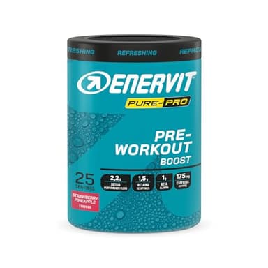 Enervit Pure-Pro Pre Workout Integratore in Polvere Gusto Fragola-Ananas, con Caffeina, Betaina, Beta-Alanina, Creatina, Potassio e Vitamina B6, Prepara il Fisico per Workout Intensi, Vegan, 313g